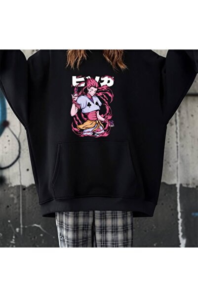 Minga London Siyah Anime Hisoka Baskılı Oversize Kapüşonlu Sweatshirt