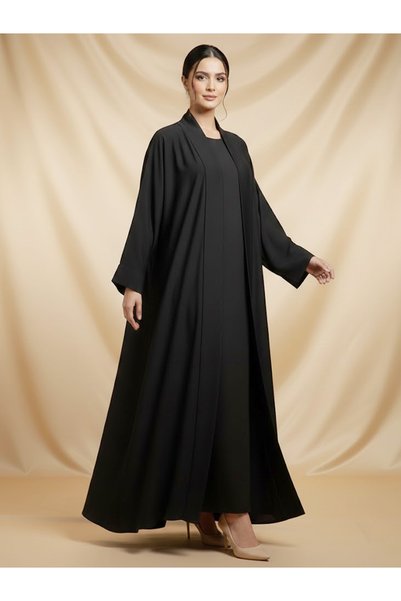 Muchmy Black 3-Piece Abaya Set for Women Nida Open Abaya with Inner Dress & Sheila