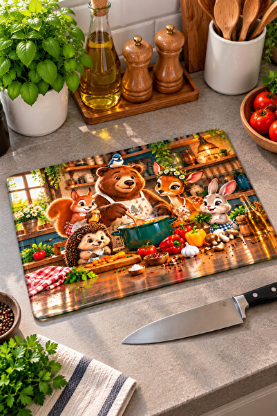 Cam Kesme Tahtası Ayı Ve Orman Hayvanları Temalı - Cam Kesme Tablası | 20cm x 30cm