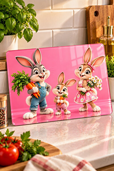 Cam Kesme Tahtası Sevimli Tavşan Ailesi Temalı - Cam Kesme Tablası | 30cm x 40cm