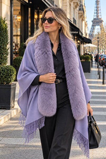 MARBERRY Lilac Faux Fur Tassel Shawl Women's Poncho