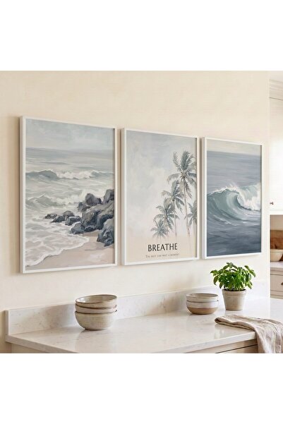 KEYFHOME Breathe Sahil Palmiye Σετ 3 τεμαχίων με κορνίζα MDF Αφίσα ζωγραφικής...