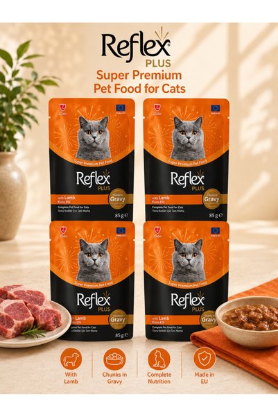 reflexplusss Wet Food for Cats Lamb in Broth-85G Complete Feed for Adult Cats (4X)