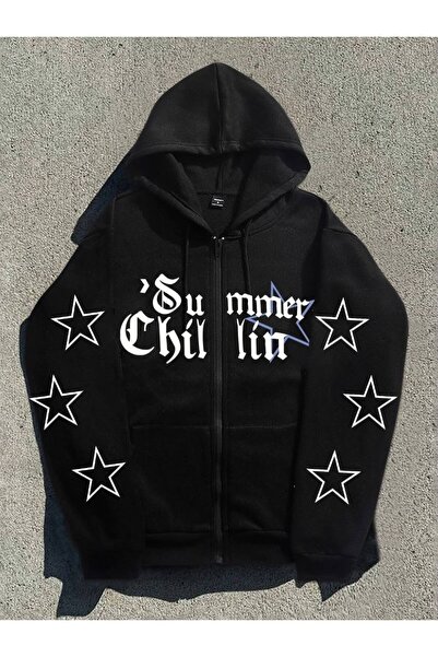 Minga London Siyah Summer Chıllın Yıldız Baskılı Fermuarlı Kapüşonlu Sweatshirt