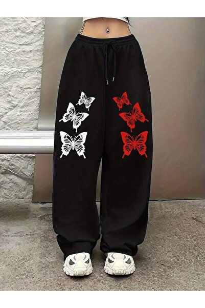 Minga London Black Butterfly Red-White Printed Oversized Sweatpants