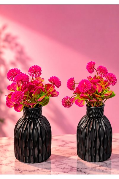 çiçek vili 2 li siyah vazo ve 2 li pembe tomurcuk yapay çiçek premium ev raf ...