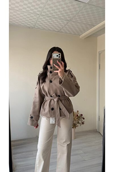 Kadın Vizon Kuşaklı Düğmeli Kaşe Ceket