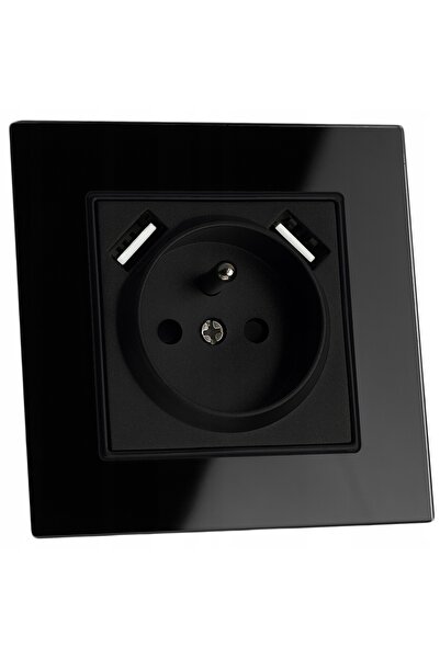 Appio Priză electrică cu șurub, din sticlă, simplă, neagră, 2x USB FI60