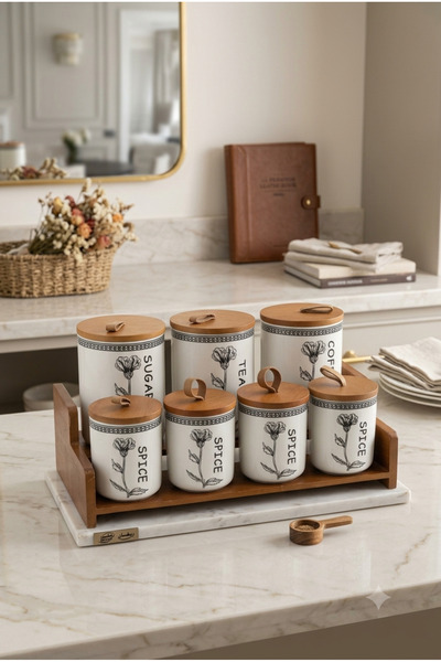 Generic طقم علب توابل وسكر وقهوة مع ستاند خشبي – 7 علب سيراميك بسعات 900 مل للكبير و380 مل للصغير – تصميم أنيق للمطبخ