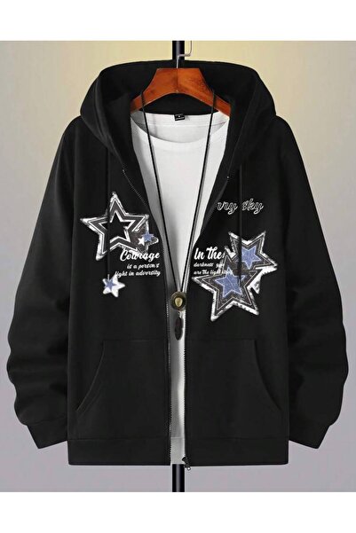 Minga London Siyah Mavi Detaylı Yıldız Baskılı Oversize Fermuarlı Kapüşonlu Sweatshirt