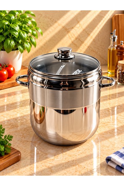 Rivorn 22 cm Derin Cam Kapaklı Çelik Haşlama Tenceresi 10,5 LT 27 cm Derinlik...