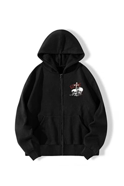Minga London Siyah Kurukafa Baskılı Fermuarlı Oversize Kapüşonlu Sweatshirt