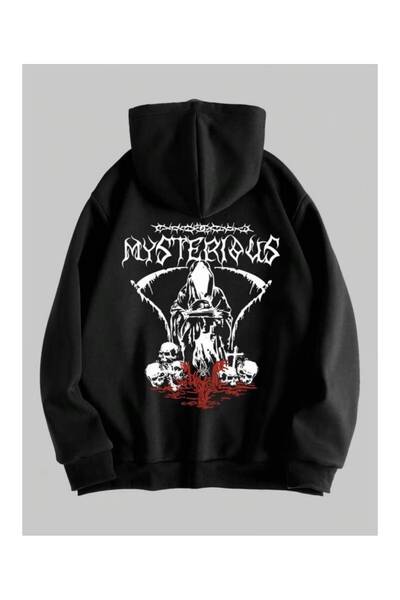 Minga London Siyah Mysterious Grim Baskılı Oversize Kapüşonlu Sweatshirt