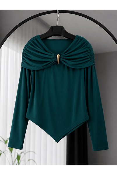 Hepsi Moda Vera Drapeli Long Sleeve Body - 4179 - Emerald Green