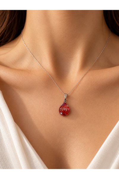 naturel glow Handmade Murano Glass Red Sparkle Pendant with Thin Silver Look ...