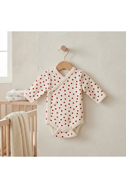 Pure Boutique Body petrecut bebe din bumbac crem cu inimioare rosii, maneca l...