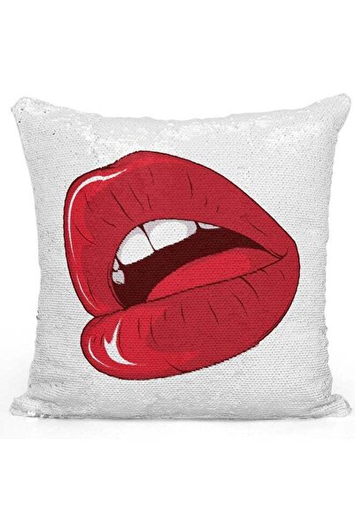 Generic Sad Lips Themed Sequin Decorative Throw Pillow White/Silver/Red 40x40cm