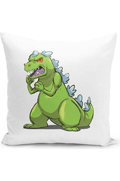 Generic Angry Reptar Dinosaur Rugrats Themed Throw Pillow White/Blue/Green 16...