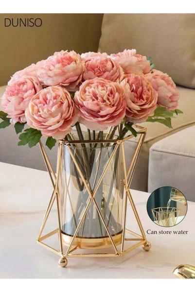 Generic Glass Vase with Metal Bracket, Crystal Transparent Inner Vase, Gold B...