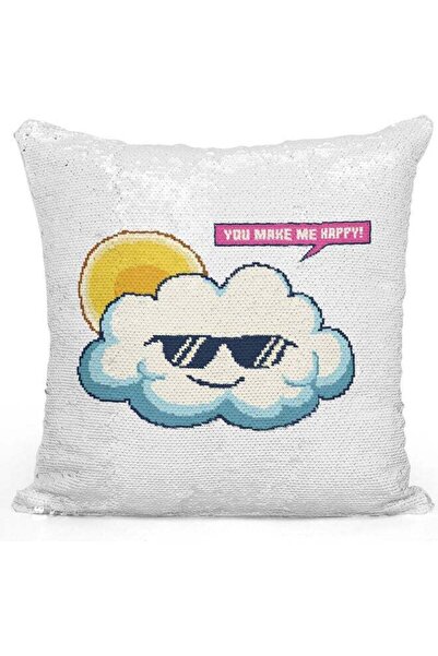Generic Clouds Funny Themed Sequin Decorative Throw Pillow White/Yellow/Silve...
