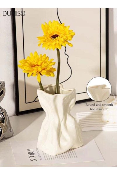 Generic Cream White Pleated Bag-Shaped Ceramic Vase, Modern Abstract Decorati...