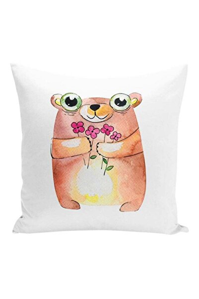 Generic Cartoon Bear Holding Flowers Decorative Pillow White/Brown/Pink 16x16...