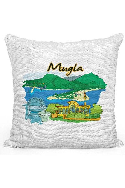 Generic Mugla Themed Sequin Decorative Throw Pillow White/Silver/Green 40x40cm