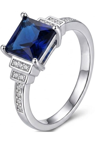 NO BRAND Inel de argint, mărimea 14, cu piatră mare, safir, zirconiu cubic, d...