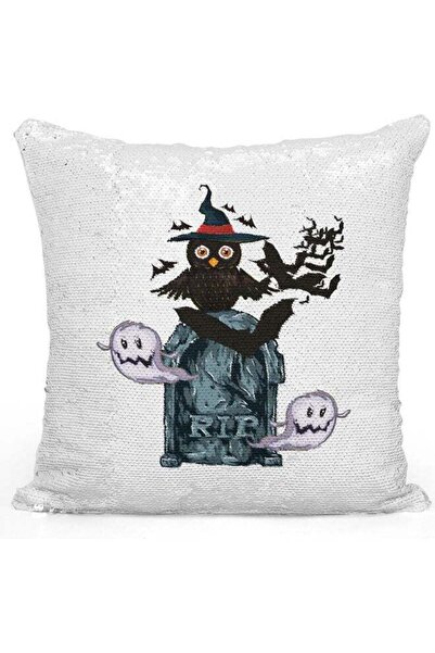 Generic Owl In Grave Yard Themed Sequin Decorative Throw Pillow White/Grey/Bl...