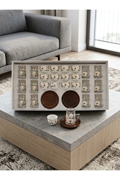 Generic Glass Tea Cups and Coffee Mugs Set with Wooden Serving Trays Elegant ...