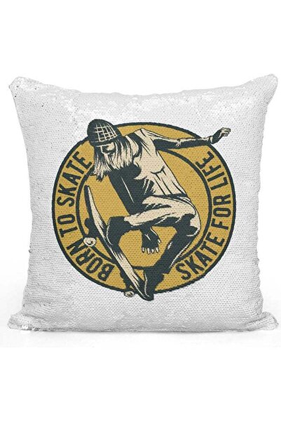 Generic Girl Skater Sequin Decorative Throw Pillow White/Black/Silver 40x40cm
