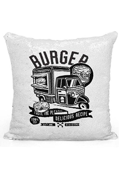 Generic Burger Joint Printed Sequin Decorative Throw Pillow White/Black/Silve...