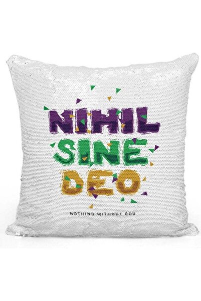 Generic Nihil Sine Deo Printed Sequin Decorative Throw Pillow White/Purple/Si...