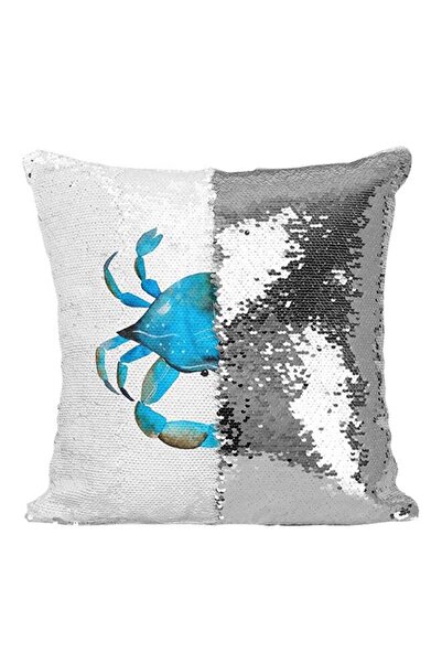 Generic Watercolor Crab Sea Marine Life Sequined Throw Pillow Blue/White/Grey...