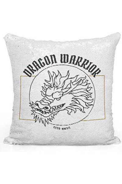 Generic Dragon Warrior Themed Sequin Decorative Throw Pillow White/Black/Silv...