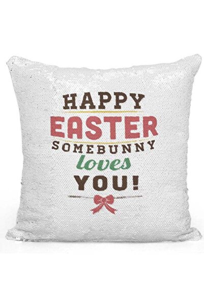 Generic Easter Day Themed Sequin Decorative Throw Pillow White/Silver/Red 40x...
