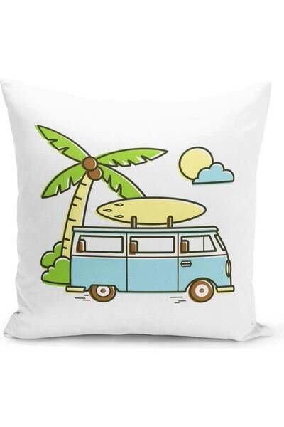 Generic Camping Van Themed Decorative Throw Pillow White/Blue/Green 40x40cm