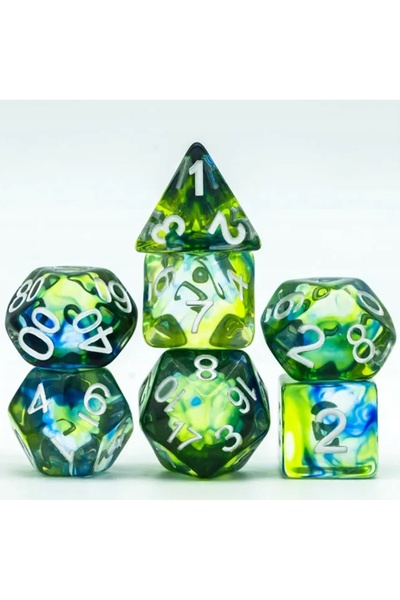 NO BRAND Set de 7 zaruri cu imprimeu verde, albastru, argintiu D4-20 K20 RPG ...