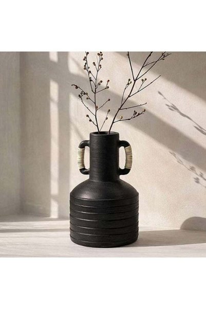 Generic Kilwa Terracotta Rattan Handle Decor Vase 22.86x22.86x45.08cm - Black...