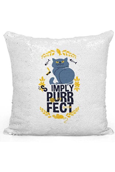 Generic Purrfect Sequin Decorative Throw Pillow White/Blue/Silver 40x40cm