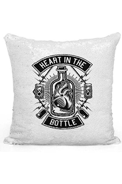 Generic Heart In Bottle Themed Sequin Decorative Throw Pillow White/Black/Sil...