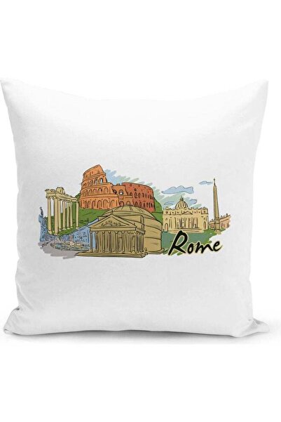 Generic Rome Themed Decorative Throw Pillow White/Brown/Beige
