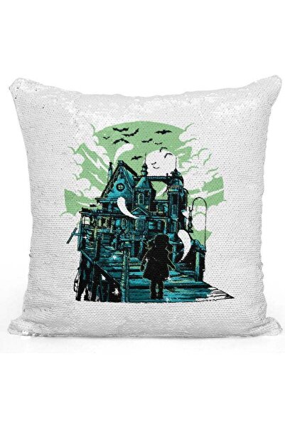 Generic Horror Mansion Sequin Decorative Throw Pillow White/Blue/Silver 40x40cm