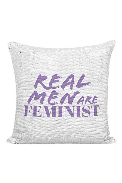 Generic Real Men Are Feminist Sequined Pillow White/Silver/Purple 16x16inch