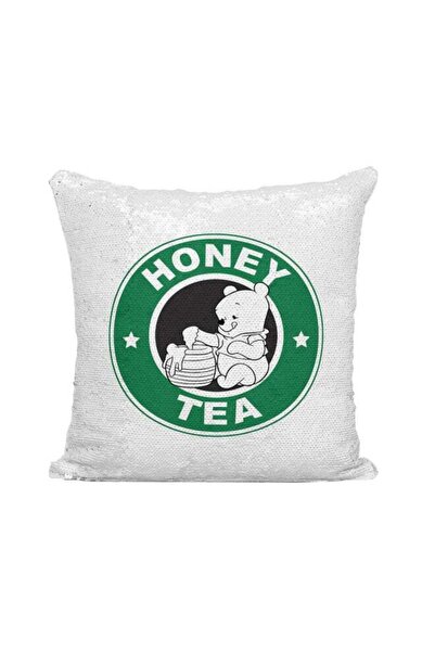 Generic Starbucks Pooh Bear Honey Tea Printed Sequined Throw Pillow Silver/Wh...