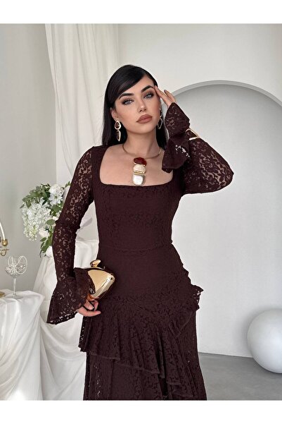 conconmoda Kadın Dantel Kare Yaka İspanyol Kol Volanlı Asimetrik Kesim Abiye Elbise-01061