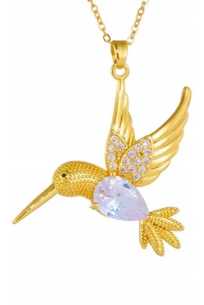 NO BRAND Colier din oțel inoxidabil, auriu, cu piatră mare, colibri și zirconiu