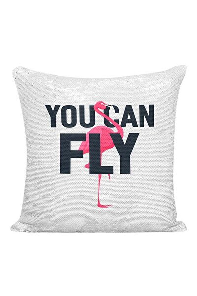Generic You Can Fly Sequineded Pillow White/Pink/Silver 16x16inch