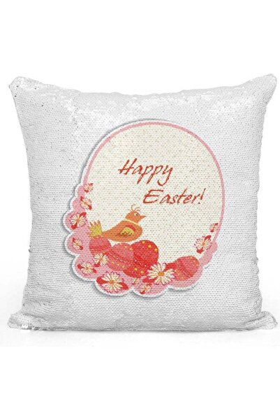 Generic Happy Easter Themed Sequin Decorative Throw Pillow White/Pink/Silver ...