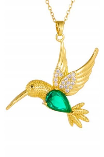 NO BRAND Colier din oțel inoxidabil, auriu, cu piatră mare, colibri și zirconiu